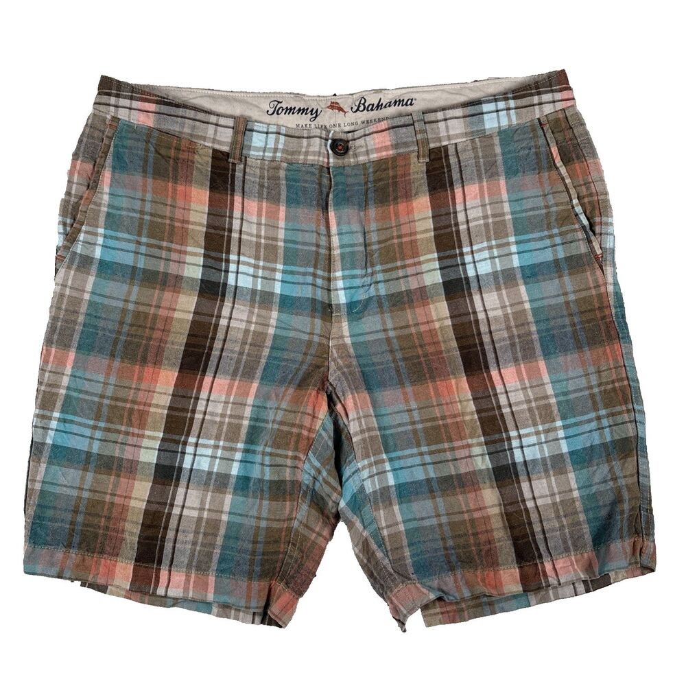 Tommy Bahama Shorts Men's 38 Blue Plaid Linen Blend Coastal Summer Resort Beach